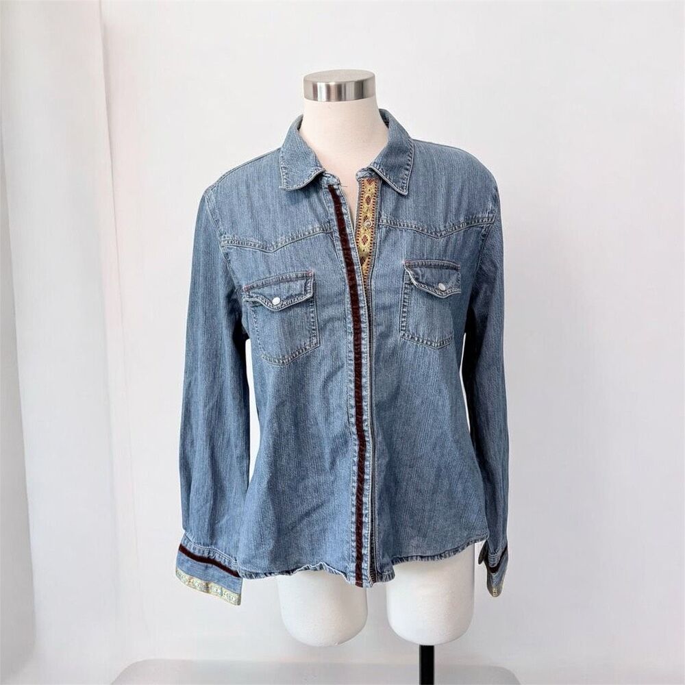 NY Jeans Y2K Velvet Denim Shirt Top Blouse Button Down XL Embroidered